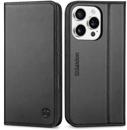 SHIELDON Hülle für iPhone 16 Pro 5G, Handyhülle [Echtleder] [Kartenfach] [Standfunktion] [RFID Blocker] Stoßfest Magnet Schutzhülle TPU Lederhülle Kompatibel mit iPhone 16 Pro 6,3 - Schwarz