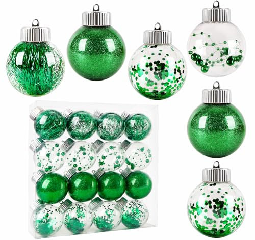 ilauke 16 Bolas de Navidad de Plástico Transparente de 6cm,2.36 Adornos de Plástico Verde,4 Estilo Adorno de Bolas Navidad Rellenables de Delicados Adornos de árbol de Navidad para Bodas,Fiestas