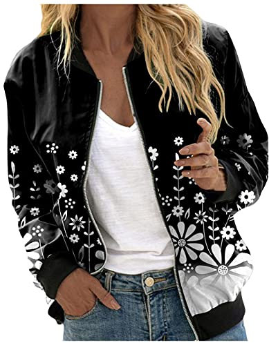 Générique Vestes Imprimé pour Femmes Chic Élégante Léger Bomber Blouson Outwear Baseball Collège Bomber Blouson Zippé Jacket Slim Fit avec Poches Sport Manteau Mince Biker Moto (W2-Black, XL)