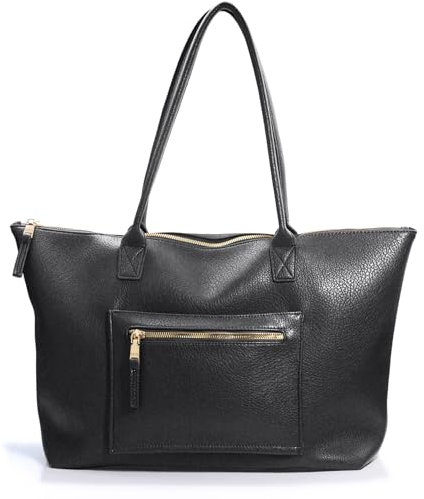 HOXIS Tragetasche für Damen mit Reißverschluss, veganes Leder, Handtasche mit Trolleyhülle, Reisetasche, Wochenend-Tragetasche, Schwarz, Large