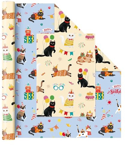 WERNNSAI Geschenkpapierrolle mit süßer Katze – 1 Rolle 43 cm x 10 m zweiseitiger Geschenkpapierschneider für Mädchengeburtstage Festivalparty dekorative Kunst Gelb und Blau