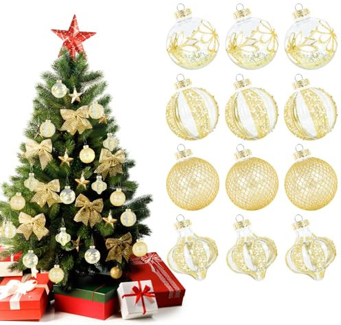 Mulbozy 12 adornos de bolas de Navidad, 80 mm, adornos de Navidad transparentes y dorados, grandes a prueba de roturas, pintado a mano, juego de adornos para árbol de Navidad para decoración colgante