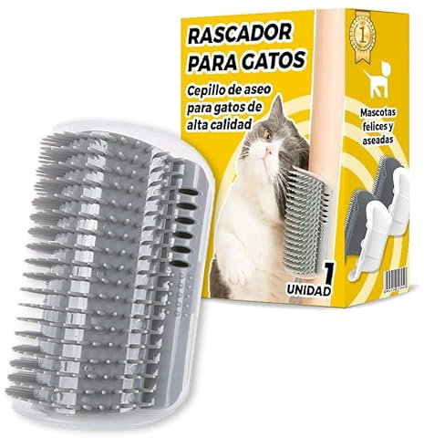 Cepillo Para Gatos de Esquina - Masajea y Quitapelos de tu Mascota - Para Pelo Corto y Largo - Con Depósito Hierba - Peine Rascador - Fácil de Instalar