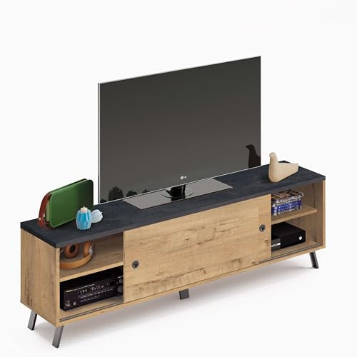 Miroytengo Mueble de Televisión Kamet con Puertas Correderas y Baldas Color Roble Gold y Mármol 160 cm