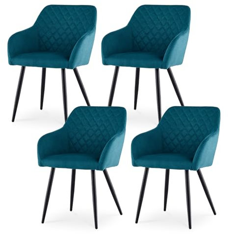 CLIPOP Esszimmerstühle 4er Set, Küchenstuhl Leinen Bezug Wohnzimmerstuhl Polsterstuhl mit Armlehne Metallbeine Polstersessel Stuhl für Esszimmer Wohnzimmer Küche (4, Leinen Petrolblau)