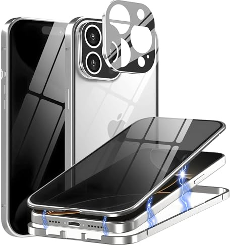 MIMGOAL Hülle für iPhone 16 Pro Anti Spy Magnetisch Titan Weiß | Sichtschutz bis 25 Grad, Gehärtetes Glas vorne und hinten, Magnetischer Aluminiumrahmen, Integrierter Kameraschutz