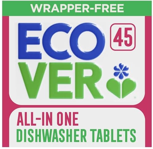 Ecover All-In-One Dishwasher Tablets, Contains Salt & Rinse Aid, Power Cleaning, Mandarin and Lemongrass Scent, Pack of 1, 45 Tablets