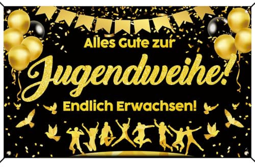 Jugendweihe Banner Deko, 180x110cm Alles Gute zur Jugendweihe Endlich Erwachsen Hänge Deko Junge Mädchen, Schwarzgold Banner mit Schnur für Erwachsene Partyfeiern