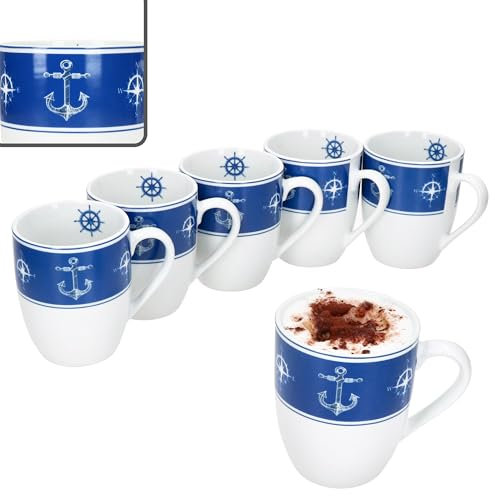 MamboCat AHOI 6er Set Kaffeebecher I 280 ml I blau-weiße Porzellan-Becher mit Henkel & nautischen Motiven für 6 Personen I Tassen für Heißgetränke wie Tee, Kakao & Co