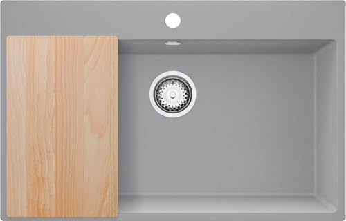 PRIMAGRAN Lavello da Cucina Grigio 78x50cm, Lavandino in Granito a 1 vasca + Sifone Classico + Tagliere, Lavabo Incasso al mobile 80cm - Riga S245