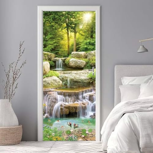 Stickers Porte 3D Trompe l'oeil Effect Cascade Poisson Autocollants de Décoration pour Porte Interieure, Auto Adhésif PVC Autocollant Papier Peint Sticker Mural Pour Salle de Bain 86x200cm -DS16