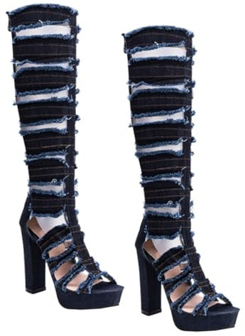 Healvian 1 Paio sandali con alto ritagliati stivali neri alla coscia stivali larghi da donna ciabatte estive stivali ginocchio stivali moda donna Suola: Gomma Blu