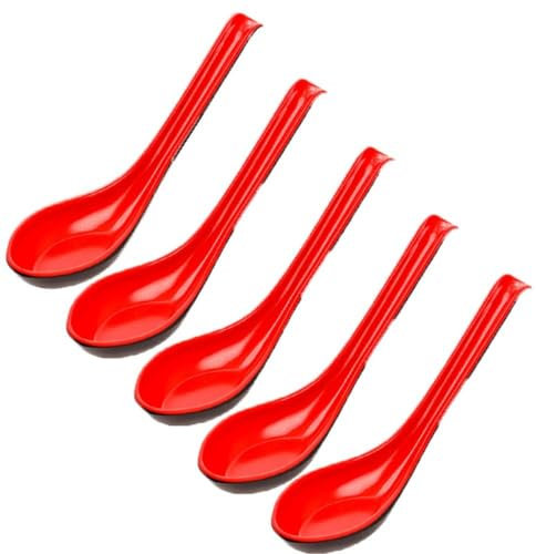 Lot de 5 grandes cuillères à soupe en plastique rouge et noir avec long manche pour nouilles chinoises Won Ton