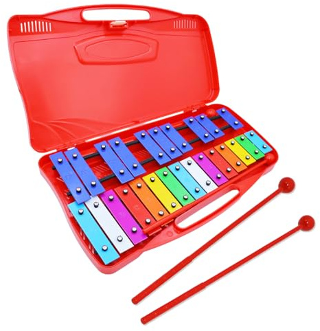 Xilófono cromático Glockenspiel de 25 notas en funda roja, xilófono colorido con teclas negras y blancas y dos batidores de plástico para niños y adultos, percusión musical para instrumentos