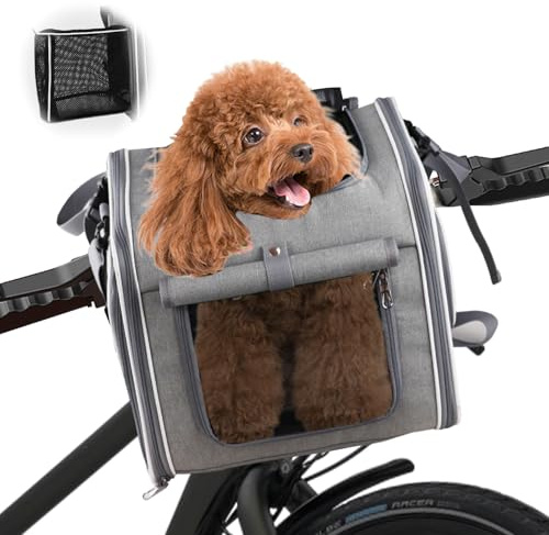 Hundekorb Fahrrad Vorne Faltbar & Erweiterbar, 4-in-1 Hundefahrradkorb mit 4 Öffnungen, Netzfenstern & Regenschutz, Fahrradkorb für Kleine & Mittelgroße Katzen und Hunde bis 10kg (Grau)