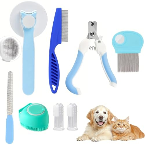 8 Pack Dog Grooming Kit, Dog Grooming Brush, Dogs Cat Deshedding Brush | Shedding & Flea Comb, Nail Clippers with File, Bath Tools for Long and Short Haired Pets