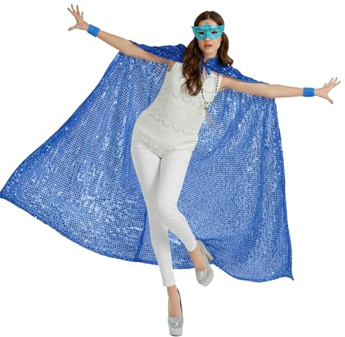 Srvak 4 Stücke Damen Karneval Kostüm Set, Lange Pailletten Glitzer Outfit Umhang Maske Armblumen & Halskette für Halloween Fasching, Karnevalkostüm Frauen (Blau, Einheitsgröße)