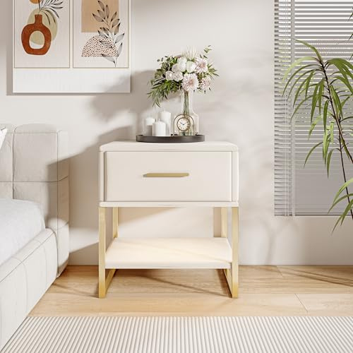 belupai Kommode mit 1 Schublade und LED-Lichtern, Samt, Sideboard, Aufbewahrungsschrank mit goldenen Metallbeinen, kleiner Nachttisch, Sofa, Beistelltisch, für Wohnzimmer, Schlafzimmer, Beige, 2 Stück
