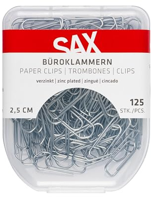 SAX Büroklammern 2,5 cm 125 Stück, Metallklammern für Dokumente Unterlagen Papier, Kunststoffbox mit Sicherheitsverschluss, Bürobedarf Organisation