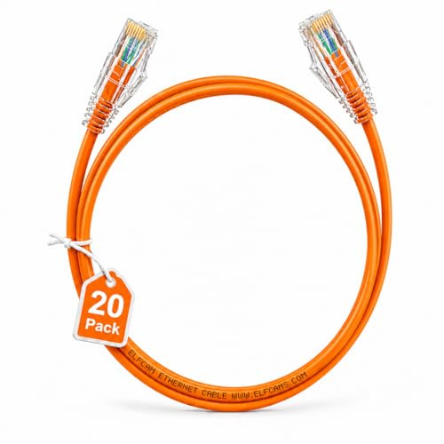 Elfcam - 1,5m Confezione da 20 Cavi Ethernet Cat 6A Arancione, Ultra Slim 10Gbps 28AWG UTP OD3,6mm 500MHz, Fili in Rame Puro Cat6a da 10Gbps per Centri Dati
