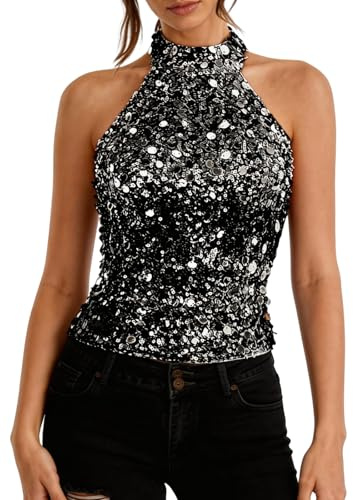 Townshine Damen Pailletten Tanktop ärmellos Neckholder elegant Glitzeroberteil für Party Disco Abend