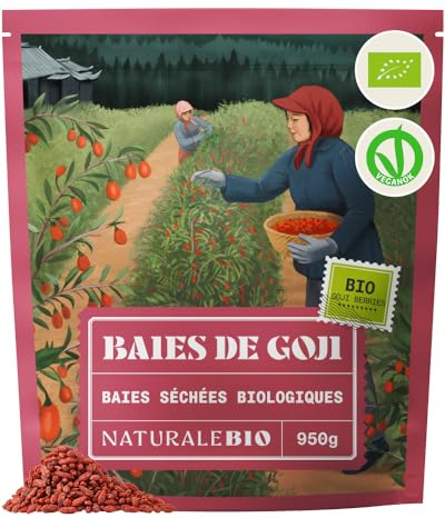 NaturaleBio Baies de Goji Bio Séchées Snack Superfruit | 950 g. Baies de goji séchées, riches en fibres, pour smoothies, bowls petit-déjeuner, pâtisserie et snacks.