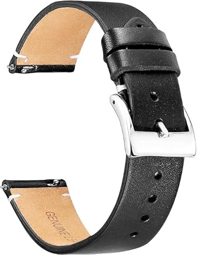 BINLUN Leder Uhrenarmband Schnellverschluss Lederarmband 12mm 14mm 16mm 18mm 20mm 22mm 24mm Uhrenband mit Edelstahl Silber Schnalle Smartwatch Ersatzarmband für Herren Damen (Schwarz, 20mm)