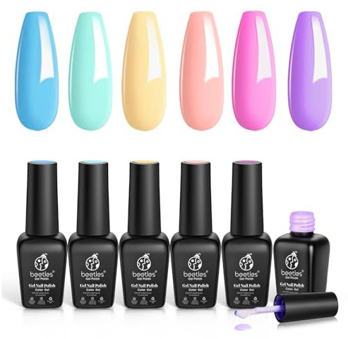 Beetles Gel Nagellack Set, 6 Farben Gel Polish Einhorn-Kollektion Pastellblau Gelb Rosa GelLack Soak-off UV-LED-Lampe Babyblau Gelb Lila Dekorationen Nagelkunst Nagelgeschenke für Frauen