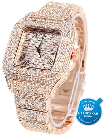 Halukakah Diamanten Gold Uhr, Herren Roségold Plattiert 40MM Breite Quadratisches Zifferblatt Quarz Armband 24cm,Kostenlose Geschenkbox