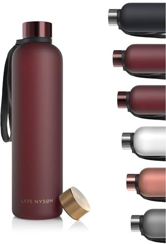 LARS NYSØM Trinkflasche 1l | Wasserflasche 1000ml | Ultraleichte Tritan Sport Flasche auslaufsicher, Kohlensäure geeignet - für Sport, Büro, Yoga | 2 Deckel inkludiert (Red - Gold, 1000ml)