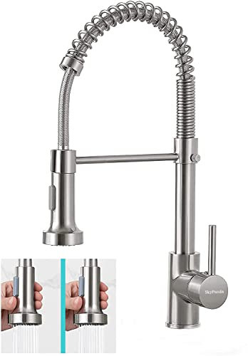 SkyPanda - Robinet de cuisine, argent brossé, pivotant à 360°, avec tête de pulvérisation rétractable, matériau en cuivre, mitigeur avec tête de pulvérisation double fonction (argent brossé)