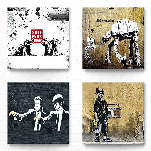 Banksy Bilder Leinwand im 4er-Set nach Graffiti Art, als Wandbilder zur Deko. Jedes Bilderset-J Leinwandbild ist 40x40cm groß. Tolle abstrakte Drucke zur Wand-Dekoration