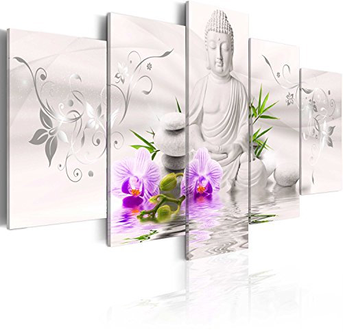 B&D XXL - Wandbilder XXL Buddha 150x75cm 5 tlg - Wand Deko Leinwand Bilder Groß Wanddeko Wohnzimmer Schlafzimmer Kunstdrucke - Blumen Orchidee Zen Spa Feng Shui b-A-0020-b-n