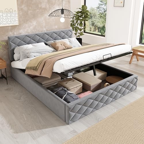 FEZTOY Hydraulisch Doppelbett Polsterbett 140x200cm, Bett mit Lattenrost aus Metallrahmen, Samt, Modernes Bettgestell mit Stauraum, Großer Stauraum, Grau