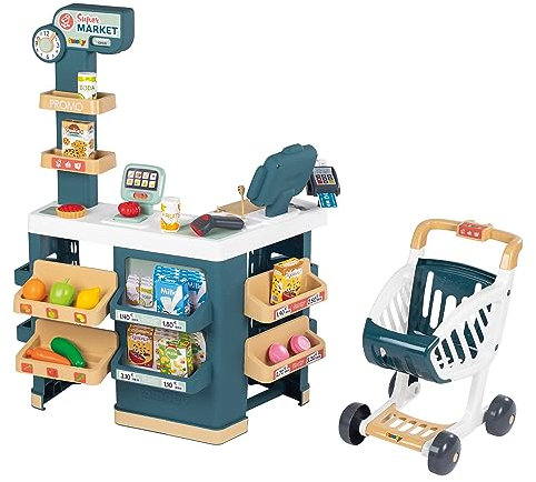 Smoby - Supermarket - Marchande pour Enfant - Chariot de Course Inclus - Balance Mécanique - Fonctions Electroniques - 42 Accessoires - A Partir de 3 Ans - Fabrication Française