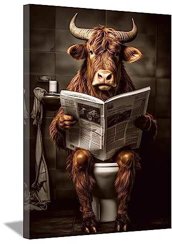 LZIMU Badezimmer Kuh Bild auf Leinwand braunes Vieh das auf Toilette sitzt und Zeitung liest Leinwand Bild lustige Tiere Poster Wanddekoration Gerahmt(4, 60x90cm)