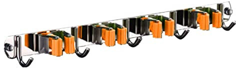 Soporte para Escoba y Fregona, 4 Estantes 5 Ganchos Colgador de Herramientas para Montaje en Pared Adhesivo Antideslizante Organizador de Acero Inoxidable para Cocina, Jardín, Garaje(Naranja)