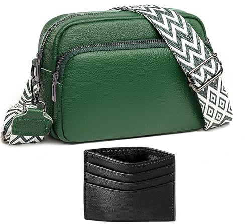 ANYWN Crossbody Bag Damen Breiter Gurt Echtleder, kleine Handtasche Damen Umhängetasche, Umhängetasche damen breiter gurt, Handytasche Zum Umhängen Frauen mit Abnehmbar Schultergurt Grün