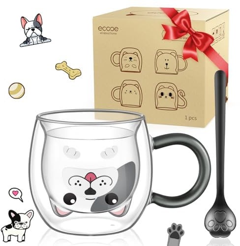 ecooe Hund Tasse Doppelwandige Gläser 280ml Latte Macchiato Gläser mit Löffel Kaffeetasse Doppelwandig Süße Tasse Hund Kaffeeglas Teegläser Geburtstag Valentinstag Geschenke für Frauen Männer Kinder