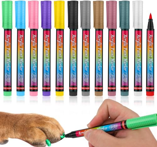 NQEUEPN Dog Nail Polish Pens Quick Dry, 12 Colors Dog Safe Nail Polish Set Acrylic Paint Markers DIY Beautiful Dog Nails Ideas Creative Dog Accessories Pet Care for Doggy Puppy Piggy Cats