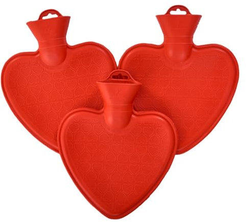 K Collection Pack of 3 Large Heart Shaped Hot Water Bottle - Natural Rubber - 3 x 1 Litre Heart Embossed Ribbed Hot Water Bottles
