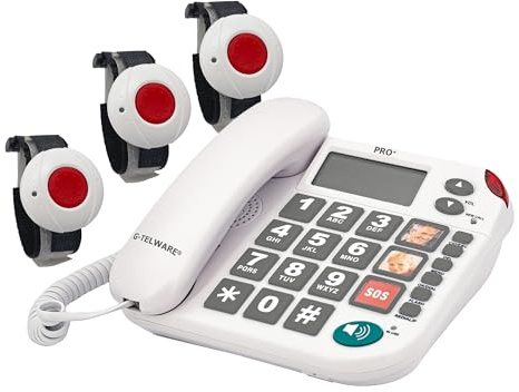 G-TELWARE PRO (Weltneuheit) Silence SOS Technik/SOSParam.einstellb./2023-2024er Modell Haus Notruf Seniorentelefon mit FunkSOS-Sender - 3 Armbandsender, Satingrau, PRO+