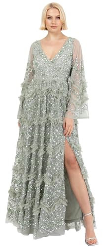 Maya Deluxe Damen Ladies Womens Maxi Dress V Neckline Sequin with Ruffle Empire Waist Slit Split for Prom Ball Bridesmaid Wedding Guest Kleid, Grüne Lilie, 38