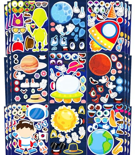 Ozepao 36 Bögen 21,6 x 15,9 cm. Machen Sie Ihre eigenen Weltraum-Aufkleber für Kinder, machen Sie einen Gesichtsaufkleber, mischen und kombinieren Sie sie mit dem Alien-Sonnensystem, Planeten und