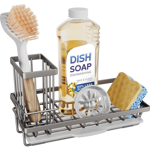SWTYMIKI Stainless Steel Kitchen Sink Caddy Organiser with Drip Tray | For Small Kitchens & Renters, Fast Draining, Detachable Brush Holder, Rustproof Anti-Fingerprint, Multi-Position, Easy Clean