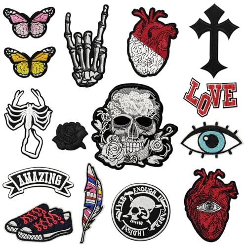 Monsully Bügelflicken Set, Flicken Zum Aufbügeln, Totenköpfe Patches Zum Aufnäher Totenkopf Bügelbilder Schädel Schmetterling Herz Patch, für Kinder DIY T-Shirt Jeans Kleidung Taschen Flicken Pat