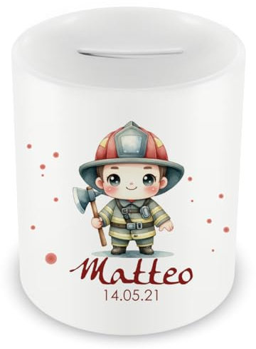 Samunshi® Kinder Spardose mit Namen und Kleiner Feuerwehrmann als Motiv für Kinder - Jungen und Mädchen Sparschwein 330ml weiß