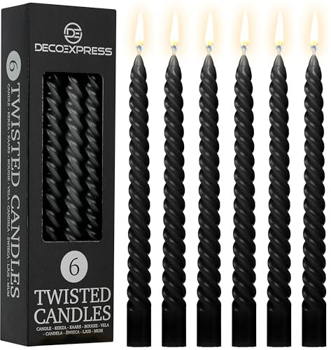 DECO EXPRESS Stabkerzen Set 3er oder 6er, Gedrehte Spiralkerzen, Bunte Kerzen, Brenndauer 6 Stunden Unparfümiert (Schwarz – 6er-Pack)