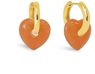 SINGULARU - Pendientes Corazón Jade. Latón con Acabado en Baño Oro de 18Kt. Motivo Corazón en Piedra Natural Jade Naranja. Cierre congo/click. Joyas para Mujer