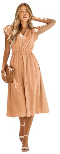 HEYPORK Damen Frühling Sommer Bequem Kleider Frauen V-Ausschnitt Solide Farbe Lotus Blatt Ärmel Lässig Langes Kleid(A Karamell, M)